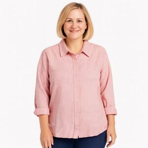 Talbots Pink White Gingham Linen Cotton Blend Button Front Shirt XL 3/4 sleeves